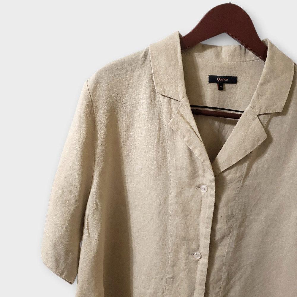 Quince 100% European Linen Short Sleeve Shirt Boxy Driftwood Tan Womens XL - Picture 2 of 10